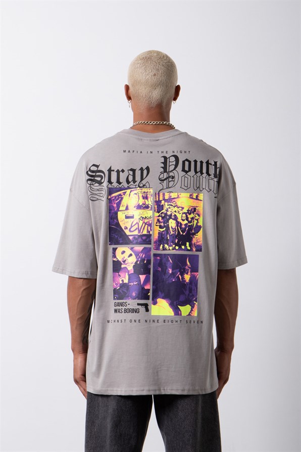 Γκρι κοντομάνικη μπλούζα με τύπωμα-Stray Youth(OVERSIZED)-m1638