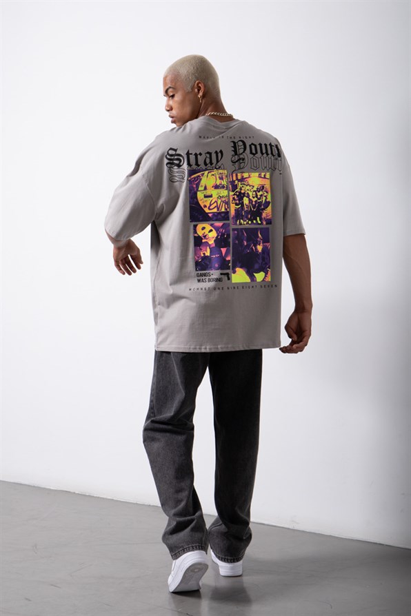 Γκρι κοντομάνικη μπλούζα με τύπωμα-Stray Youth(OVERSIZED)-m1638(4)