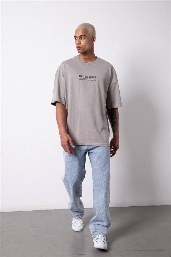 Γκρι κοντομάνικη μπλούζα με τύπωμα-Never Stop(OVERSIZED)-m1668(2)