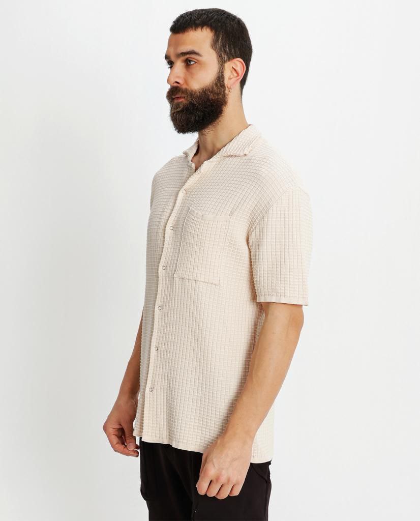 Κρεμ κοντομάνικο πουκάμισο fashion με σχέδιο-eksi-23-Y062