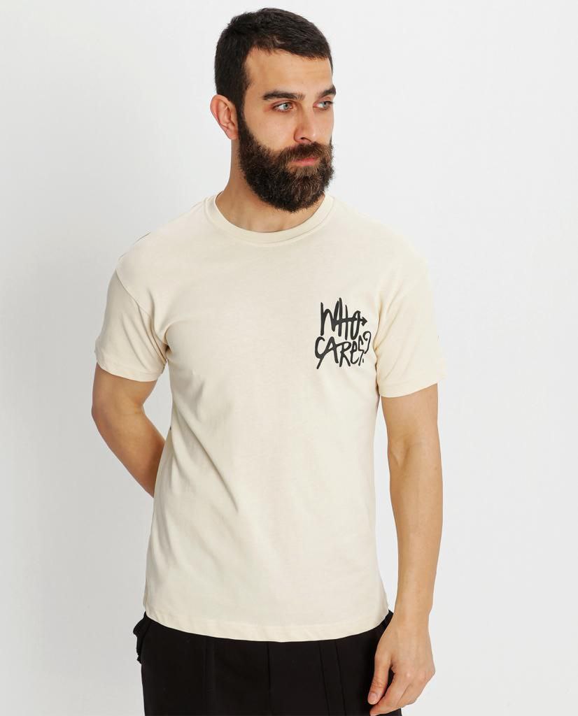 Μπεζ κοντομάνικη μπλούζα τύπωμα-Who cares(OVERSIZED)-eksi-23-Y254 (2)