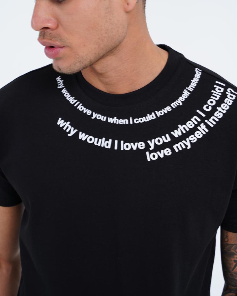 Μαύρη κοντομάνικη μπλούζα με τύπωμα-Why would i love you-eksi-002
