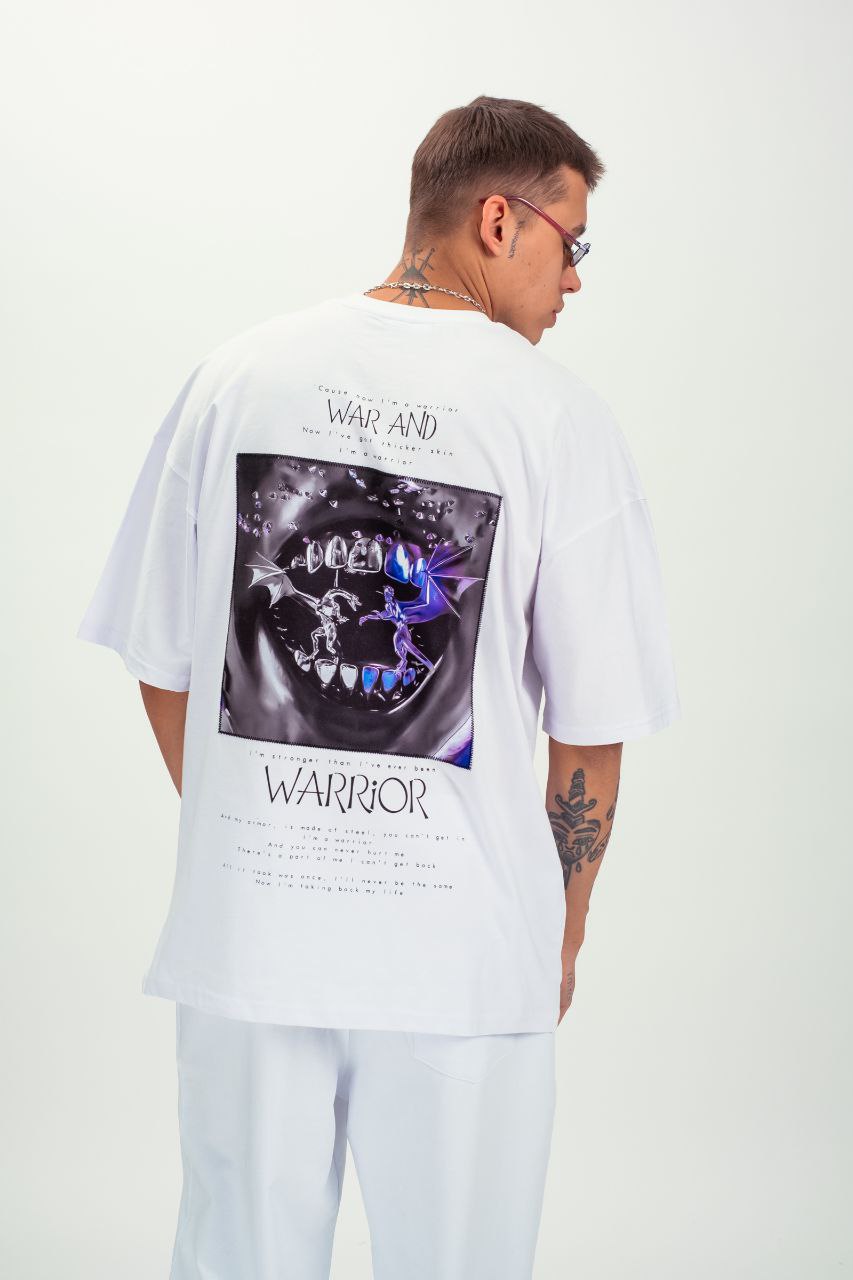 Λευκή κοντομάνικη μπλούζα με τύπωμα(OVERSIZED)-War and warrior-respire-5623027