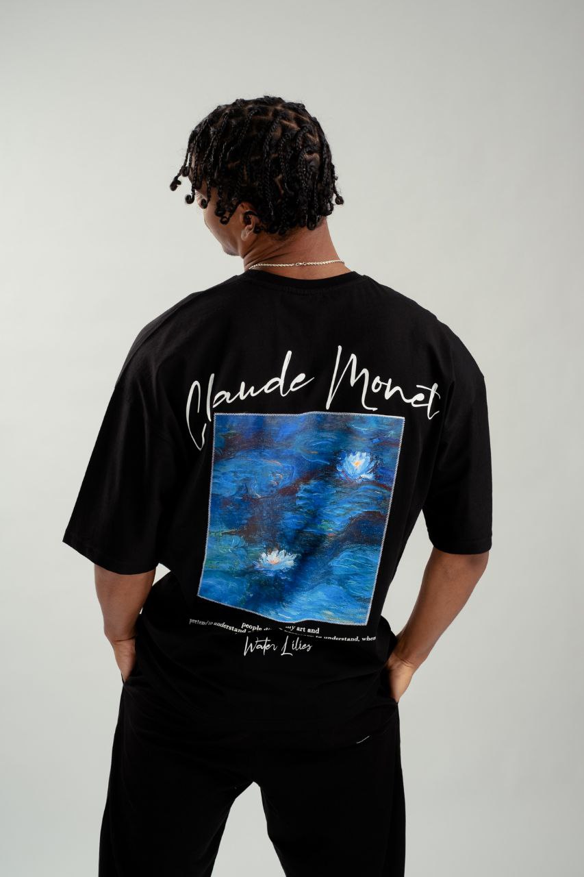 Μαύρη κοντομάνικη μπλούζα με τύπωμα(OVERSIZED)-Claude Monet-respire-5623021