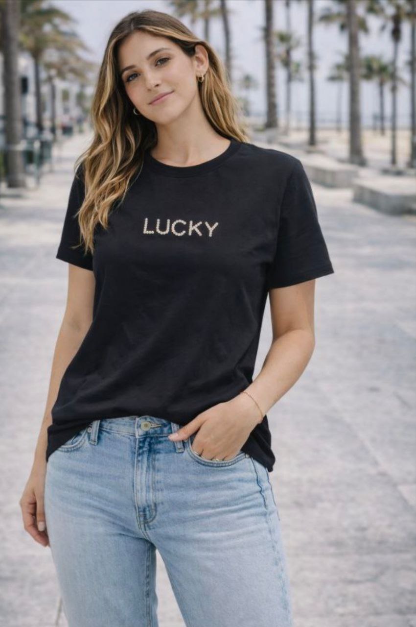 Γυναικείο Μαύρο T-Shirt “Lucky” με Διακοσμητικό Print Κεντημένο