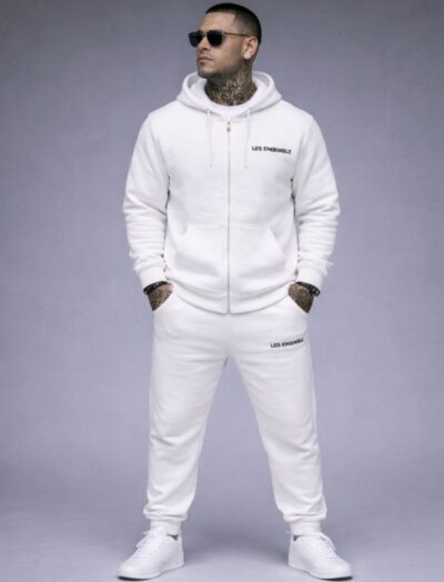 Ανδρικό Σετ Φόρμας Total White με Φερμουάρ & Κουκούλα