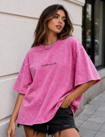 Oversized Γυναικείο T-Shirt Ροζ Acid Wash με Slogan Print