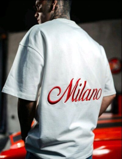 Ανδρικό Oversized T-Shirt Λευκό “Milano” με Κεντητό Λογότυπο Πλάτης