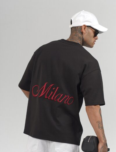 Ανδρικό Oversized T-Shirt Μαύρο “Milano” με Κεντητό Λογότυπο Πλάτης
