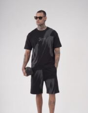 Ανδρικό σετ μαύρο με t-shirt και βερμούδα με print λεπτομέρειες