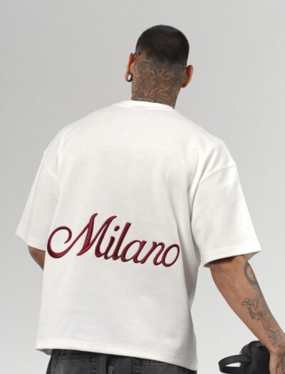 Ανδρικό Oversized T-Shirt Λευκό “Milano” με Κεντητό Λογότυπο Πλάτης
