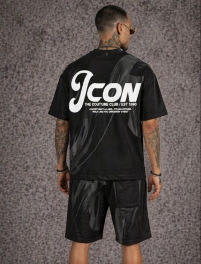 Ανδρικό σετ μαύρο με t-shirt και βερμούδα με print λεπτομέρειες