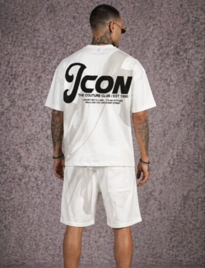 Ανδρικό λευκό σετ με t-shirt και βερμούδα με tonal print