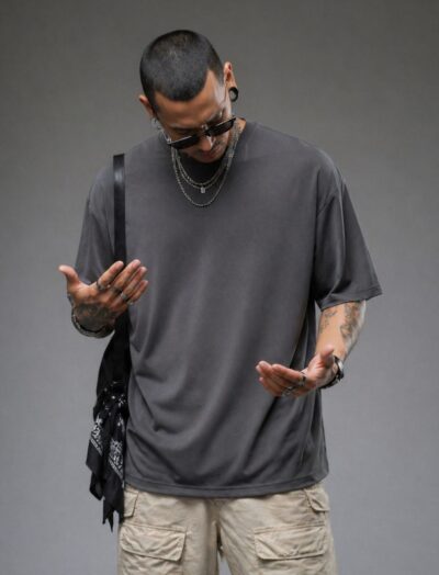 Ανδρικό Oversized T-Shirt Γκρι Ανθρακί από Modal Ύφασμα