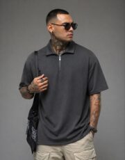 Ανδρικό Oversized Polo Γκρι Ανθρακί με Φερμουάρ