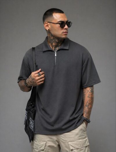 Ανδρικό Oversized Polo Γκρι Ανθρακί με Φερμουάρ