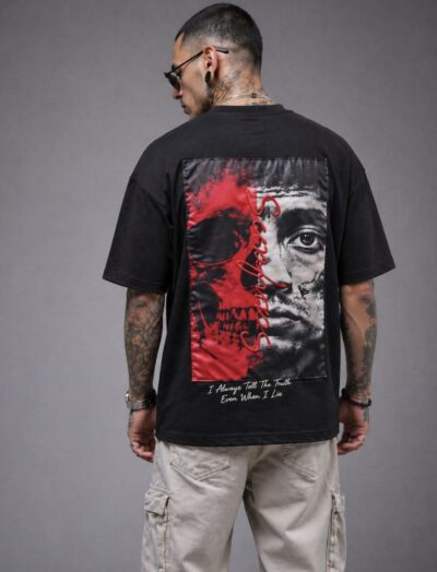 Ανδρικό Oversized T-shirt Μαύρο με Skull & Face Graphic Print Πλάτης