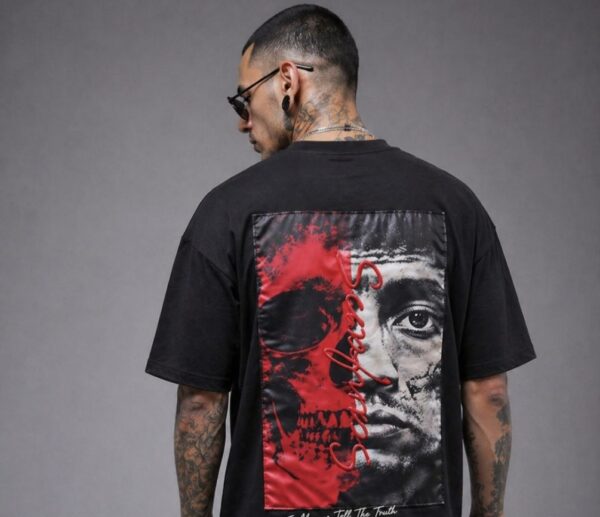 Ανδρικό Oversized T-shirt Μαύρο με Skull & Face Graphic Print Πλάτης