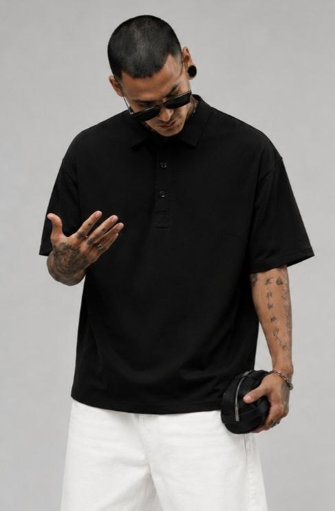 Ανδρική Oversized Μαύρο Polo Μπλούζα-Πουκαμίσα Μοντάλ