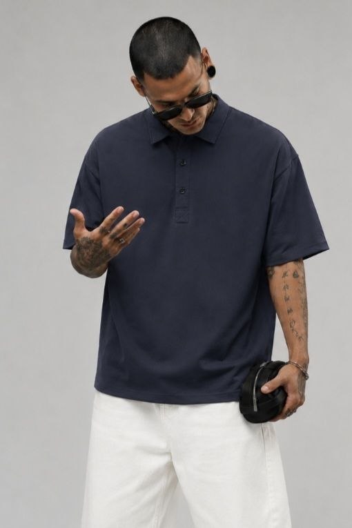 Ανδρική Oversized Polo Μπλούζα σε Navy Μπλε Χρώμα