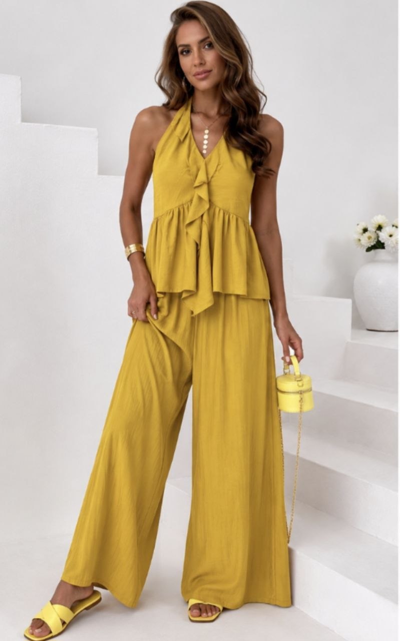 Γυναικείο σετ σε mustard κίτρινο με wide-leg παντελόνα