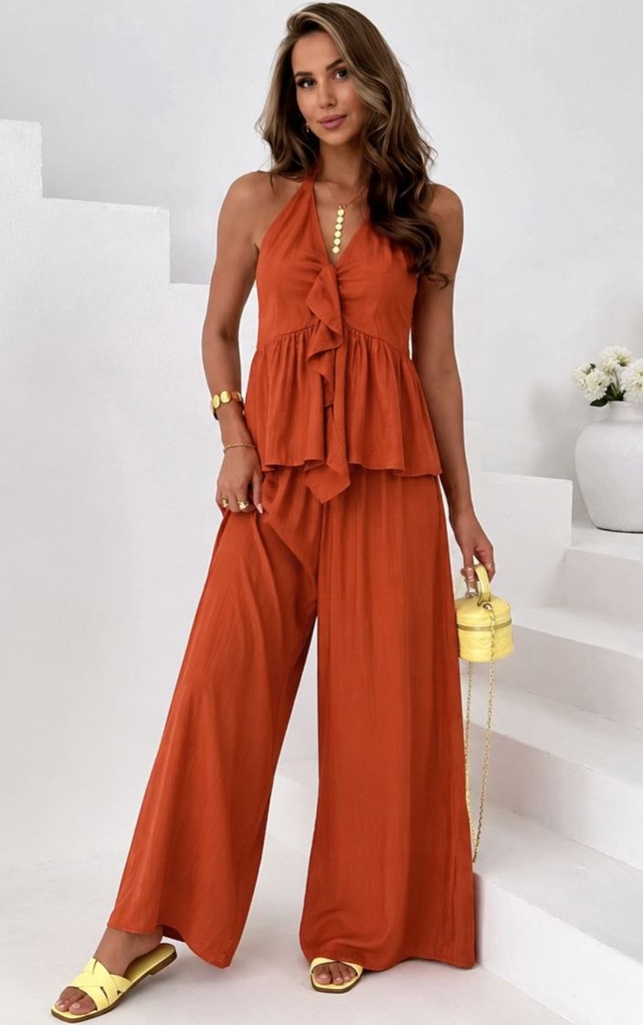 Γυναικείο σετ σε κεραμιδί απόχρωση με wide-leg παντελόνα