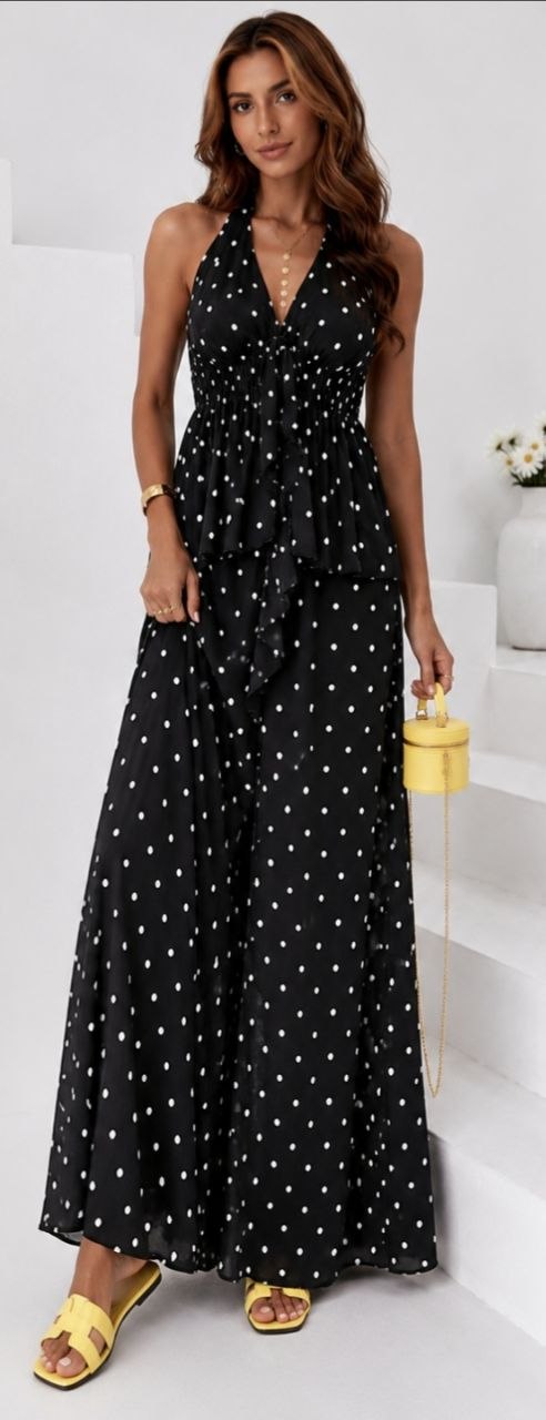 Γυναικείο σετ πουά σε μαύρη απόχρωση με wide-leg παντελόνα