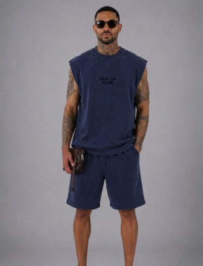 Ανδρικό Σετ Navy Washed Αμάνικο T-Shirt & Βερμούδα