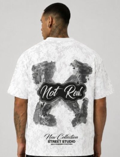 Ανδρικό Oversized T-Shirt "Not Real" Acid Wash Λευκό