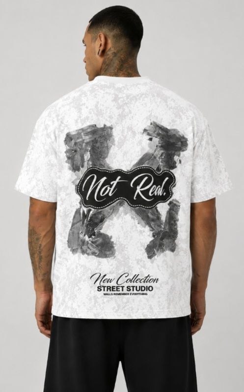Ανδρικό Oversized T-Shirt “Not Real” Acid Wash Λευκό