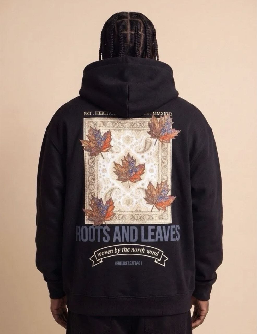 Ανδρική Μαύρη Ζακέτα Roots & Leaves με Graphic Print Πλάτης