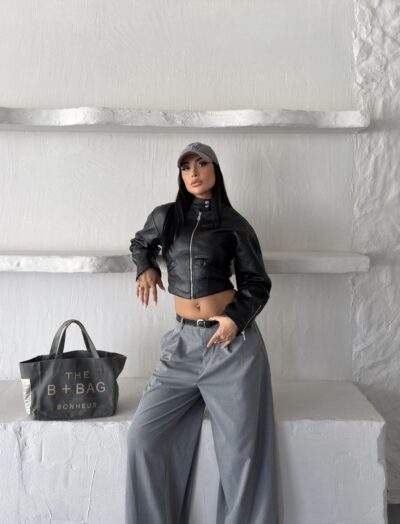 Γυναικείο Cropped Jacket Δερματίνης Μαύρο με Φερμουάρ